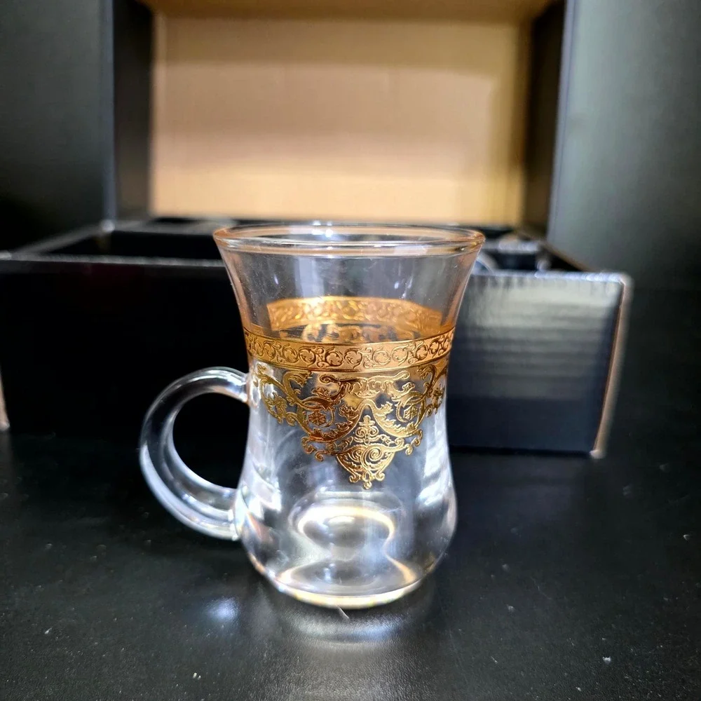 Art Glass Teacups Set of 6 Clear Gold Filigree Turkish Style Small Mugs Gift Box